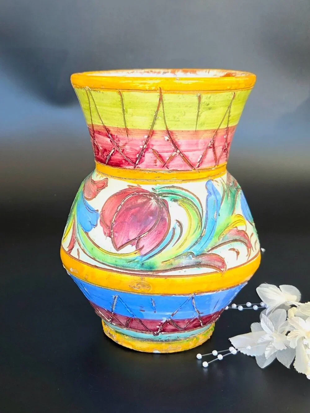 Vintage Italian Majolica Pottery Vase – Hand Painted – Signed – Colorful